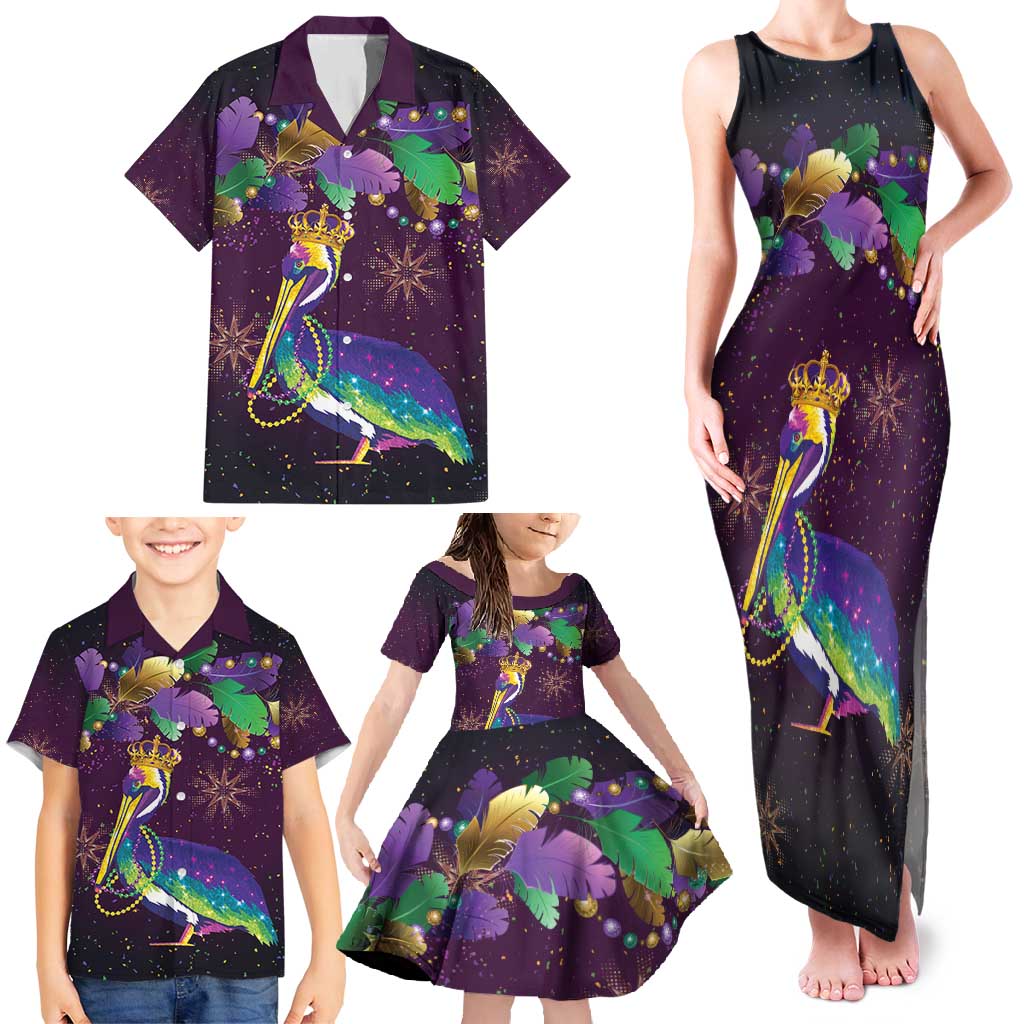 Faux Glitter Funny Mardi Gras Pelican Family Matching Tank Maxi Dress and Hawaiian Shirt Party Vibes - Wonder Print Shop