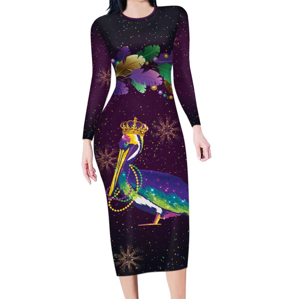 Faux Glitter Funny Mardi Gras Pelican Long Sleeve Bodycon Dress Party Vibes - Wonder Print Shop