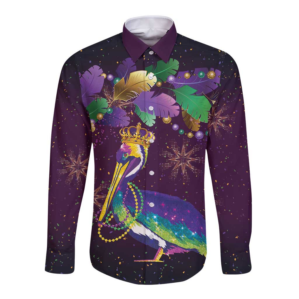 Faux Glitter Funny Mardi Gras Pelican Long Sleeve Button Shirt Party Vibes - Wonder Print Shop