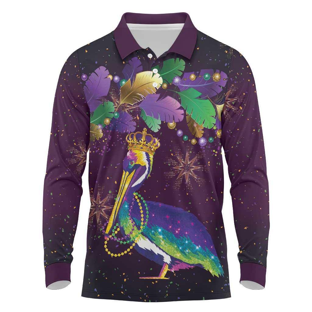 Faux Glitter Funny Mardi Gras Pelican Long Sleeve Polo Shirt Party Vibes - Wonder Print Shop