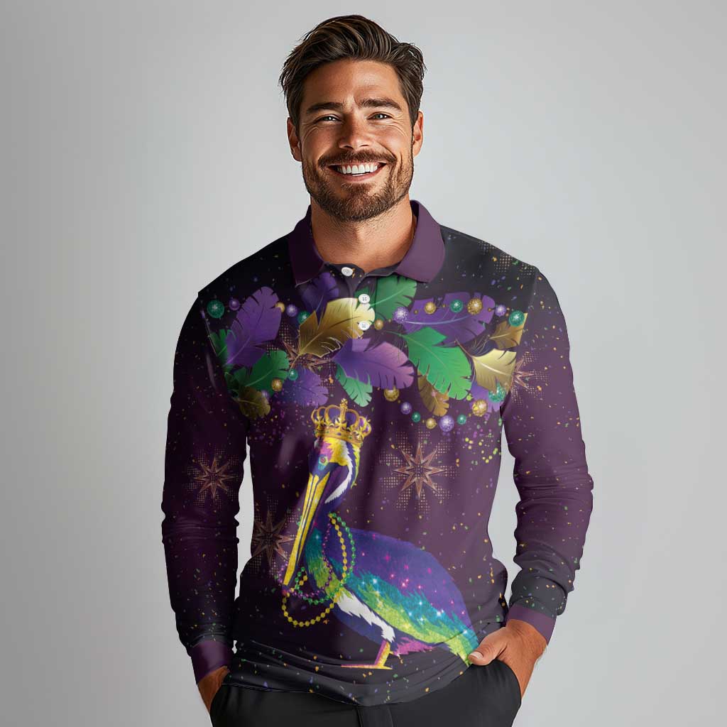 Faux Glitter Funny Mardi Gras Pelican Long Sleeve Polo Shirt Party Vibes - Wonder Print Shop