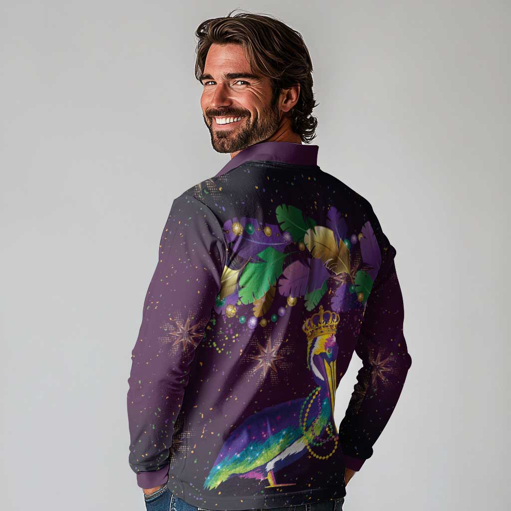 Faux Glitter Funny Mardi Gras Pelican Long Sleeve Polo Shirt Party Vibes - Wonder Print Shop