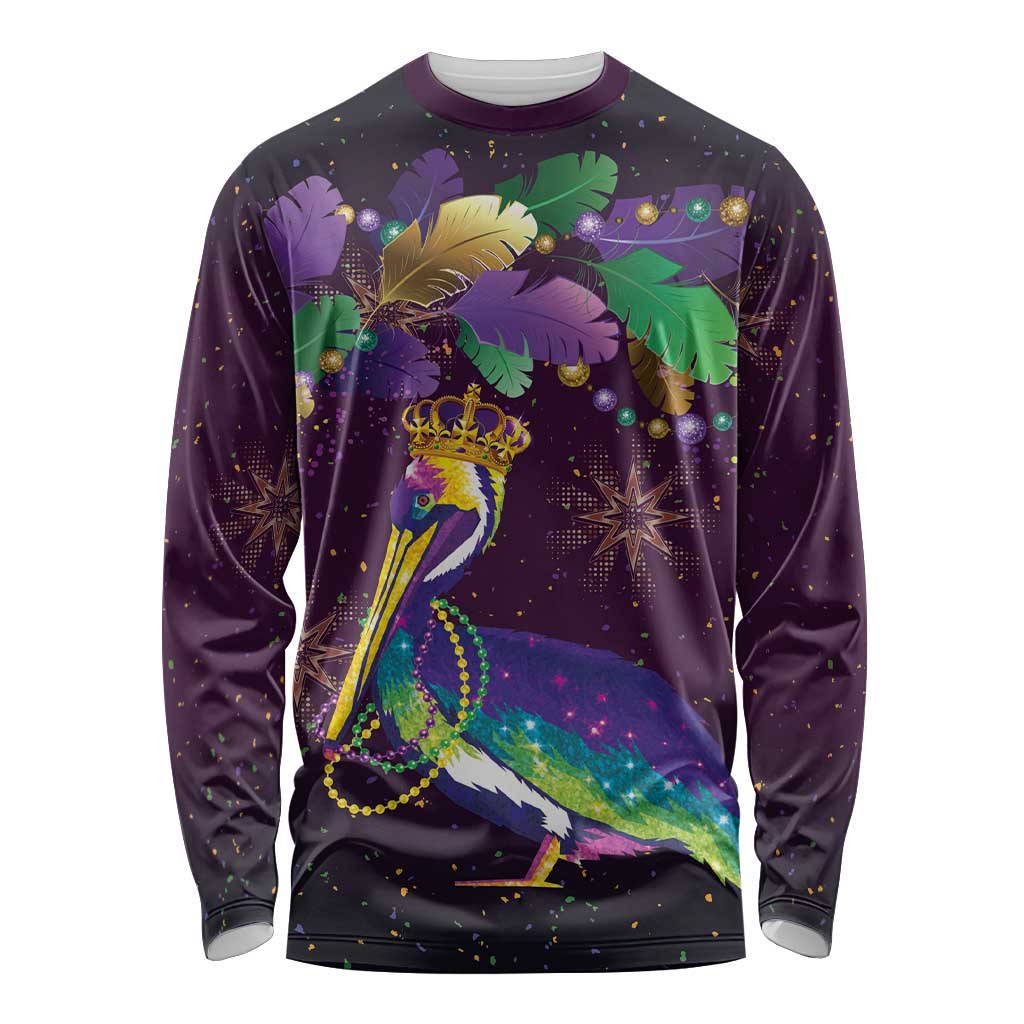 Faux Glitter Funny Mardi Gras Pelican Long Sleeve Shirt Party Vibes - Wonder Print Shop