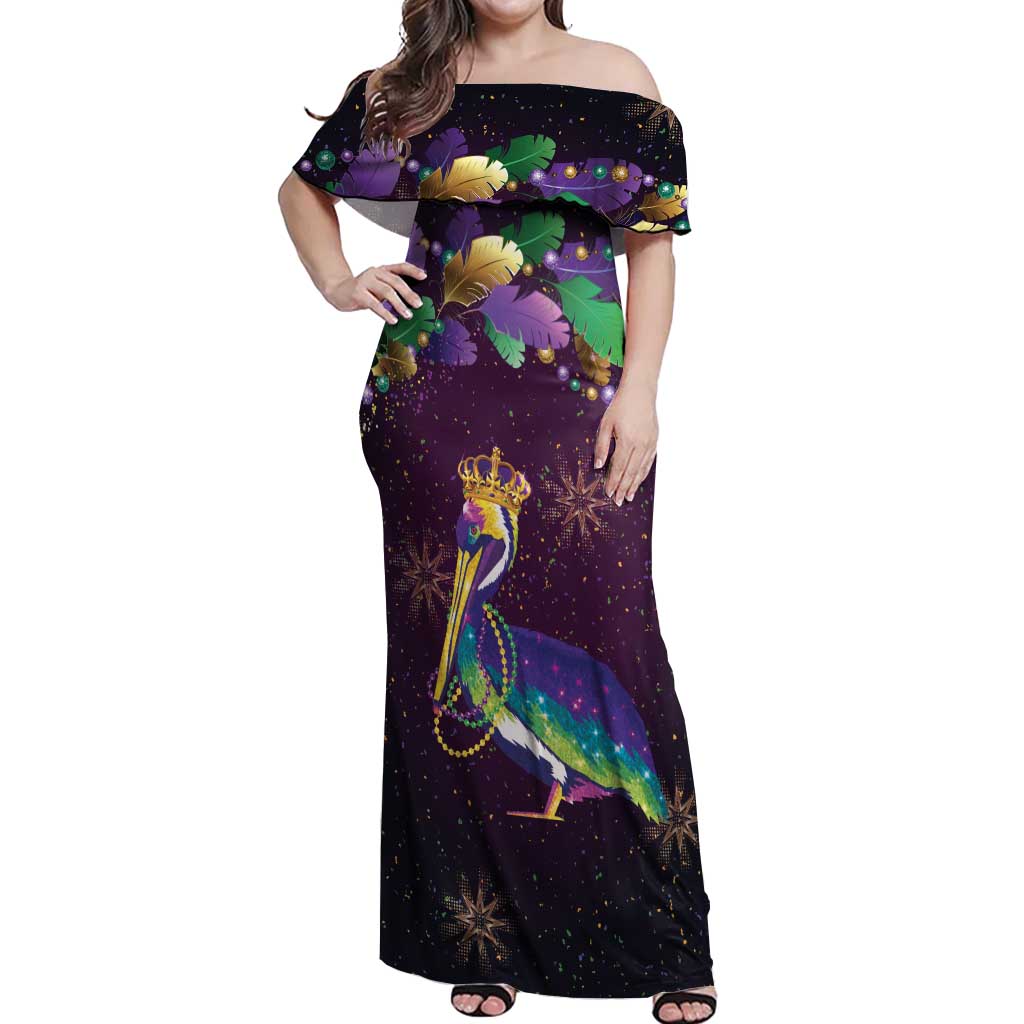 Faux Glitter Funny Mardi Gras Pelican Off Shoulder Maxi Dress Party Vibes - Wonder Print Shop