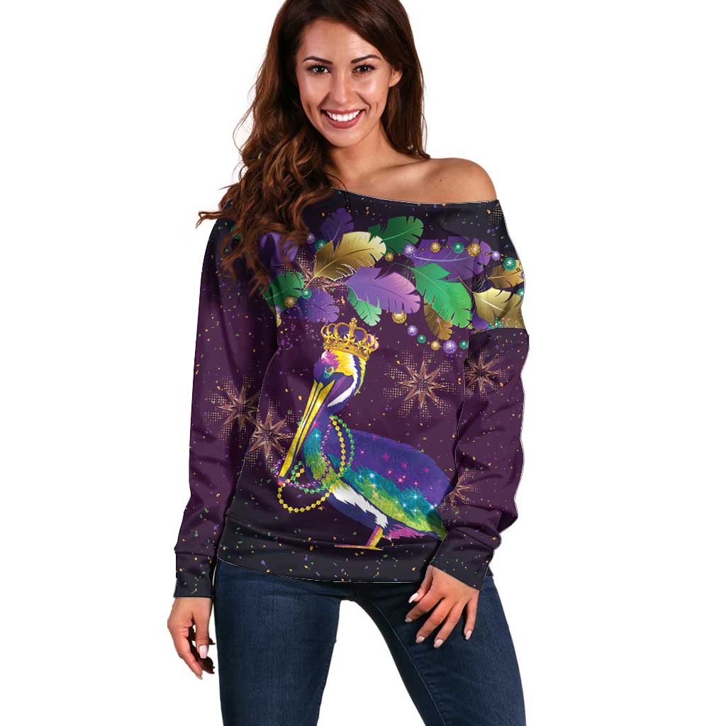 Faux Glitter Funny Mardi Gras Pelican Off Shoulder Sweater Party Vibes - Wonder Print Shop