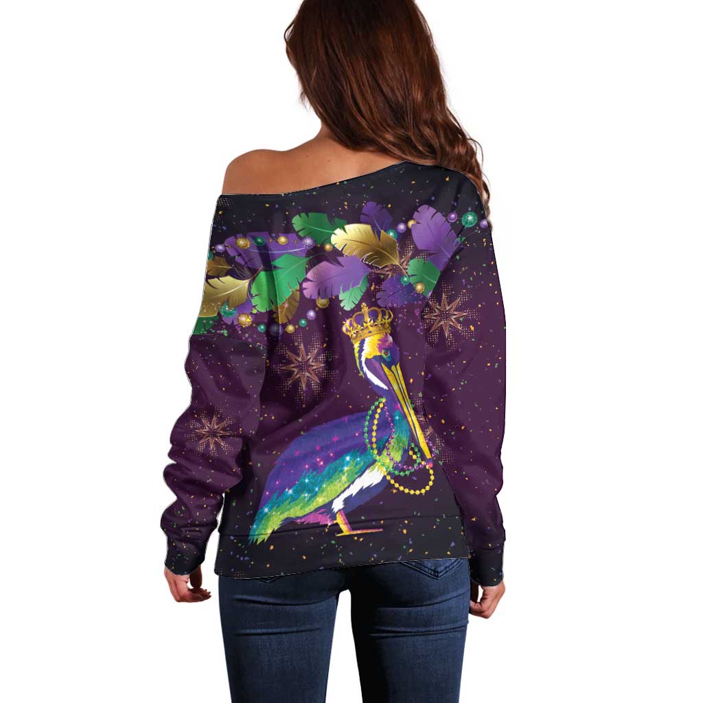 Faux Glitter Funny Mardi Gras Pelican Off Shoulder Sweater Party Vibes - Wonder Print Shop