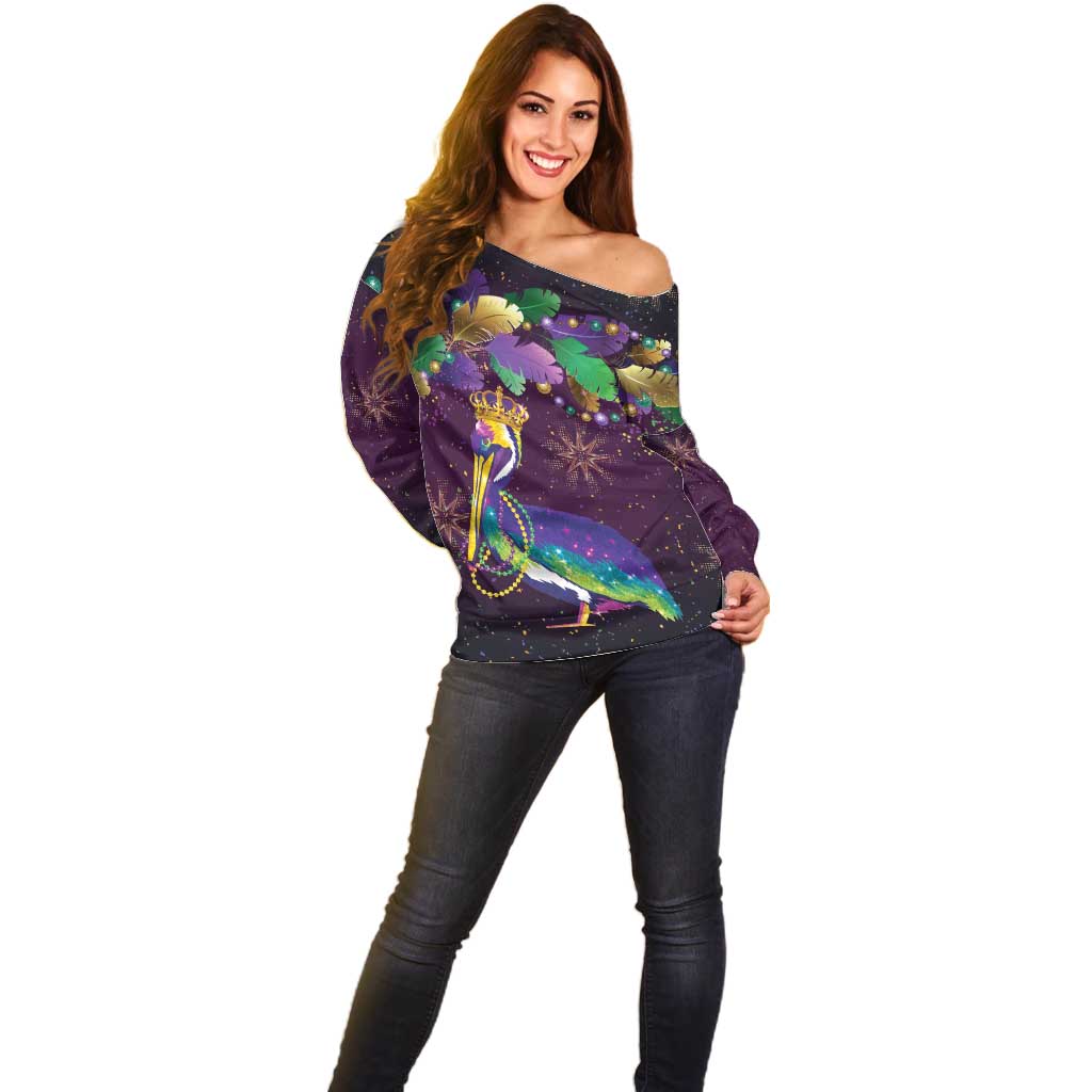 Faux Glitter Funny Mardi Gras Pelican Off Shoulder Sweater Party Vibes - Wonder Print Shop