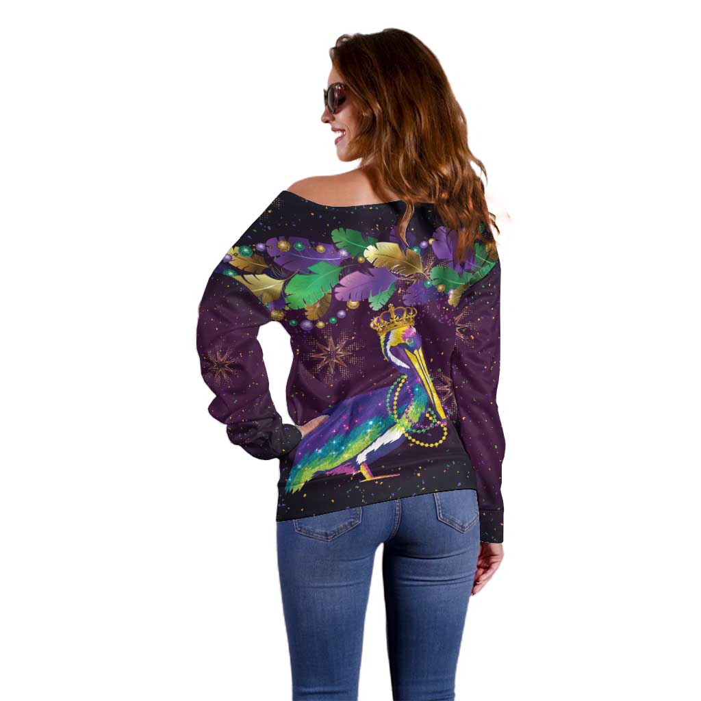 Faux Glitter Funny Mardi Gras Pelican Off Shoulder Sweater Party Vibes - Wonder Print Shop