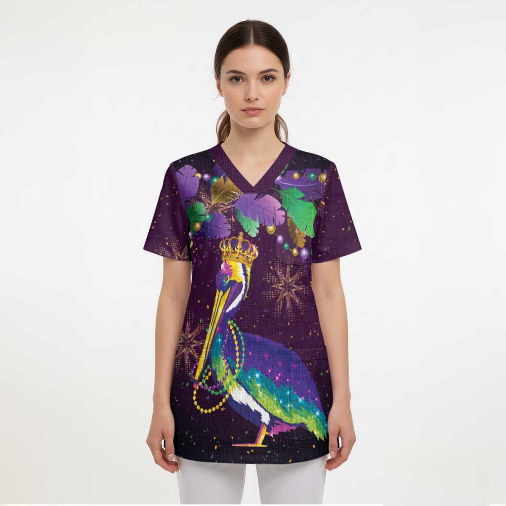 Faux Glitter Funny Mardi Gras Pelican Scrub Top Party Vibes - Wonder Print Shop