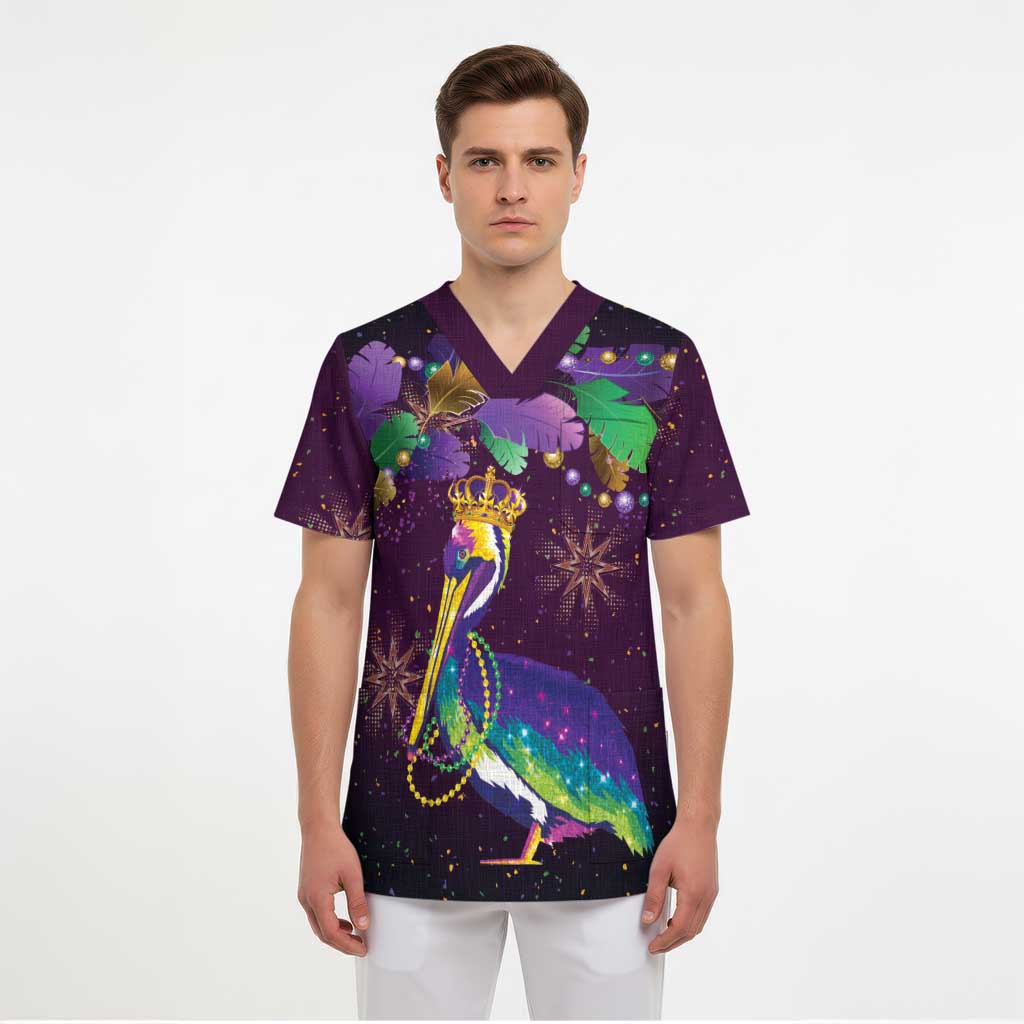 Faux Glitter Funny Mardi Gras Pelican Scrub Top Party Vibes - Wonder Print Shop