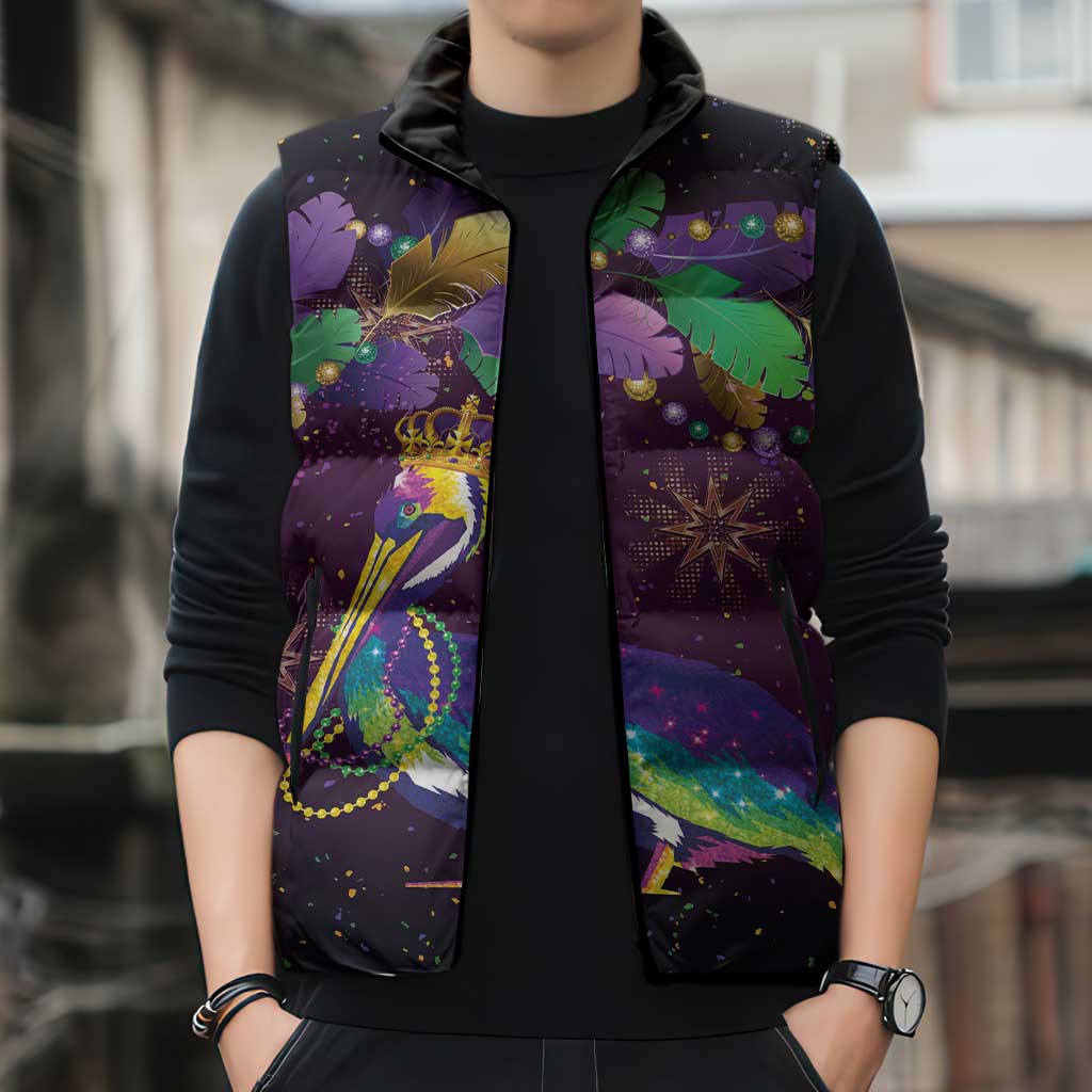 Faux Glitter Funny Mardi Gras Pelican Sleeveless Puffer Jacket Party Vibes - Wonder Print Shop