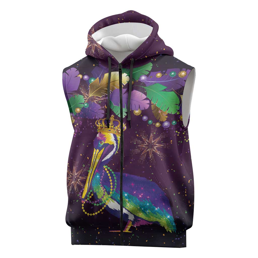 Faux Glitter Funny Mardi Gras Pelican Sleeveless Zip Hoodie Party Vibes - Wonder Print Shop
