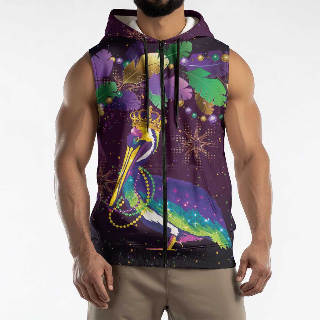 Faux Glitter Funny Mardi Gras Pelican Sleeveless Zip Hoodie Party Vibes - Wonder Print Shop