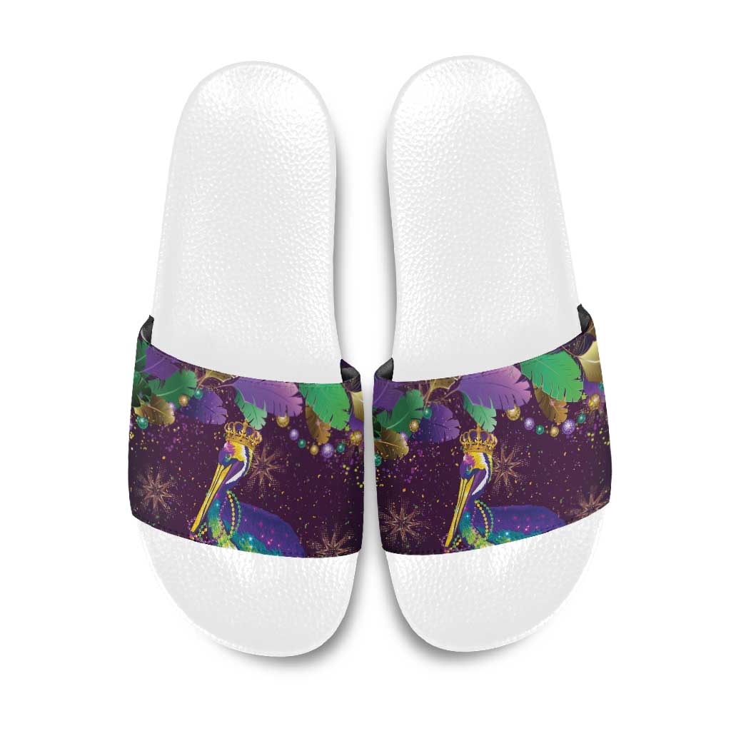 Faux Glitter Funny Mardi Gras Pelican Slide Sandals Party Vibes - Wonder Print Shop