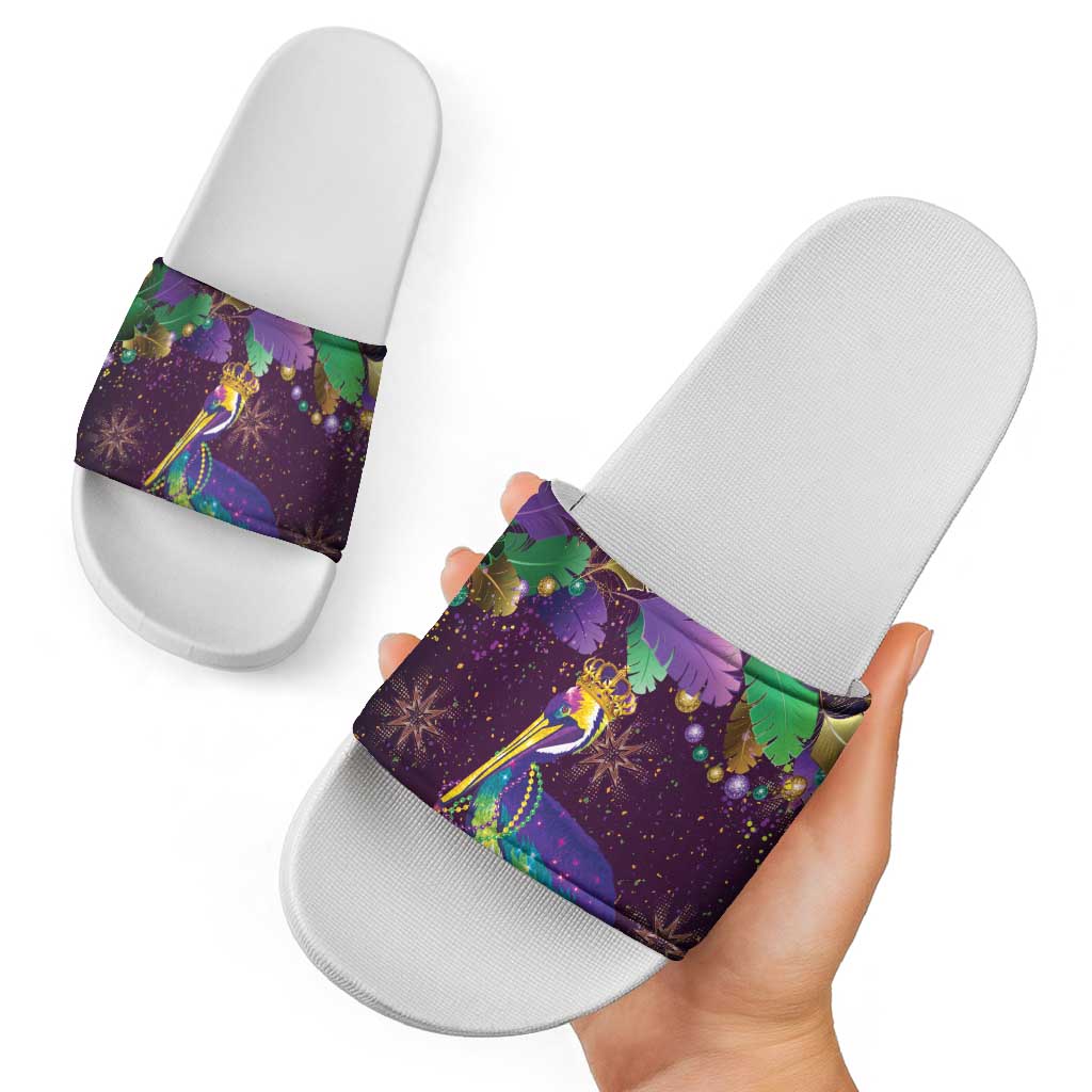 Faux Glitter Funny Mardi Gras Pelican Slide Sandals Party Vibes - Wonder Print Shop