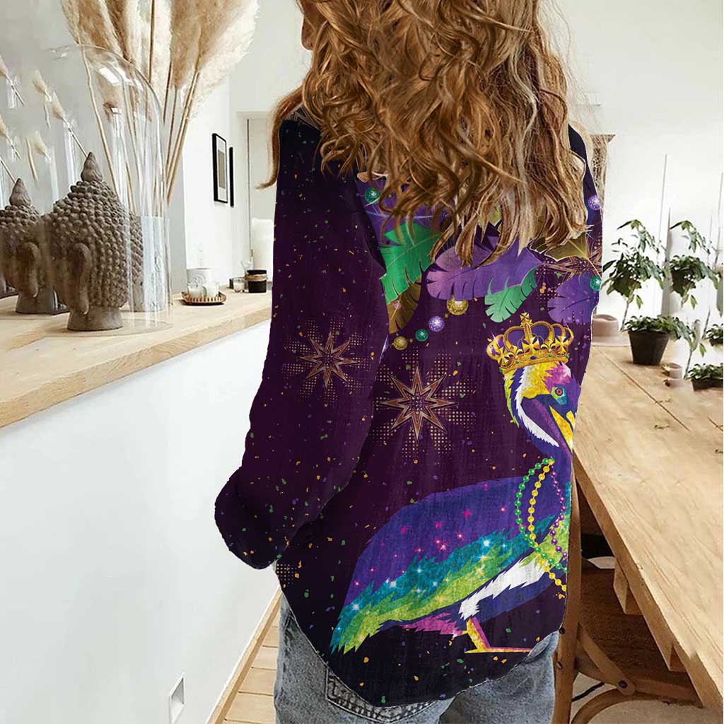 Faux Glitter Funny Mardi Gras Pelican Women Casual Shirt Party Vibes - Wonder Print Shop