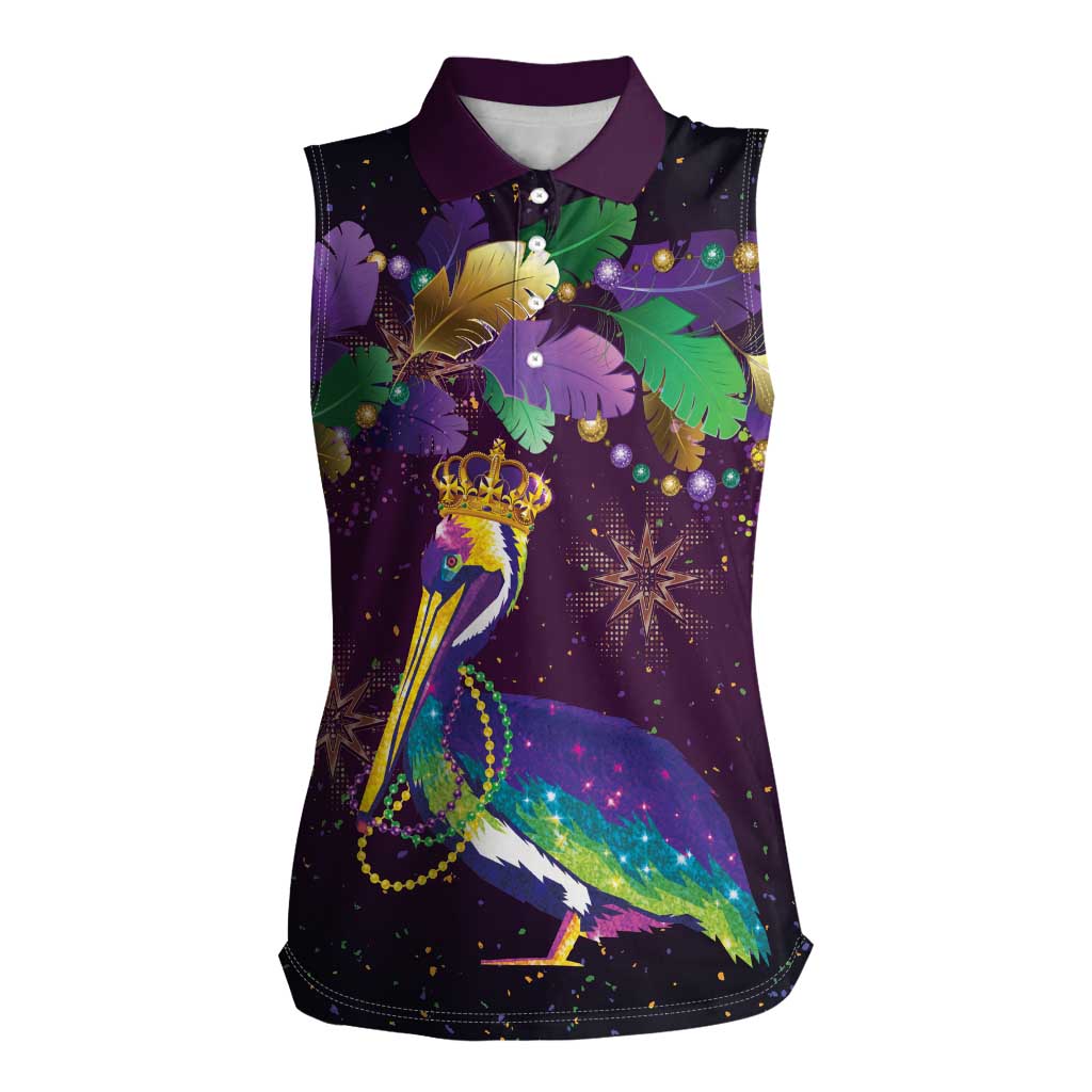 Faux Glitter Funny Mardi Gras Pelican Women Sleeveless Polo Shirt Party Vibes - Wonder Print Shop
