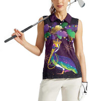 Faux Glitter Funny Mardi Gras Pelican Women Sleeveless Polo Shirt Party Vibes - Wonder Print Shop