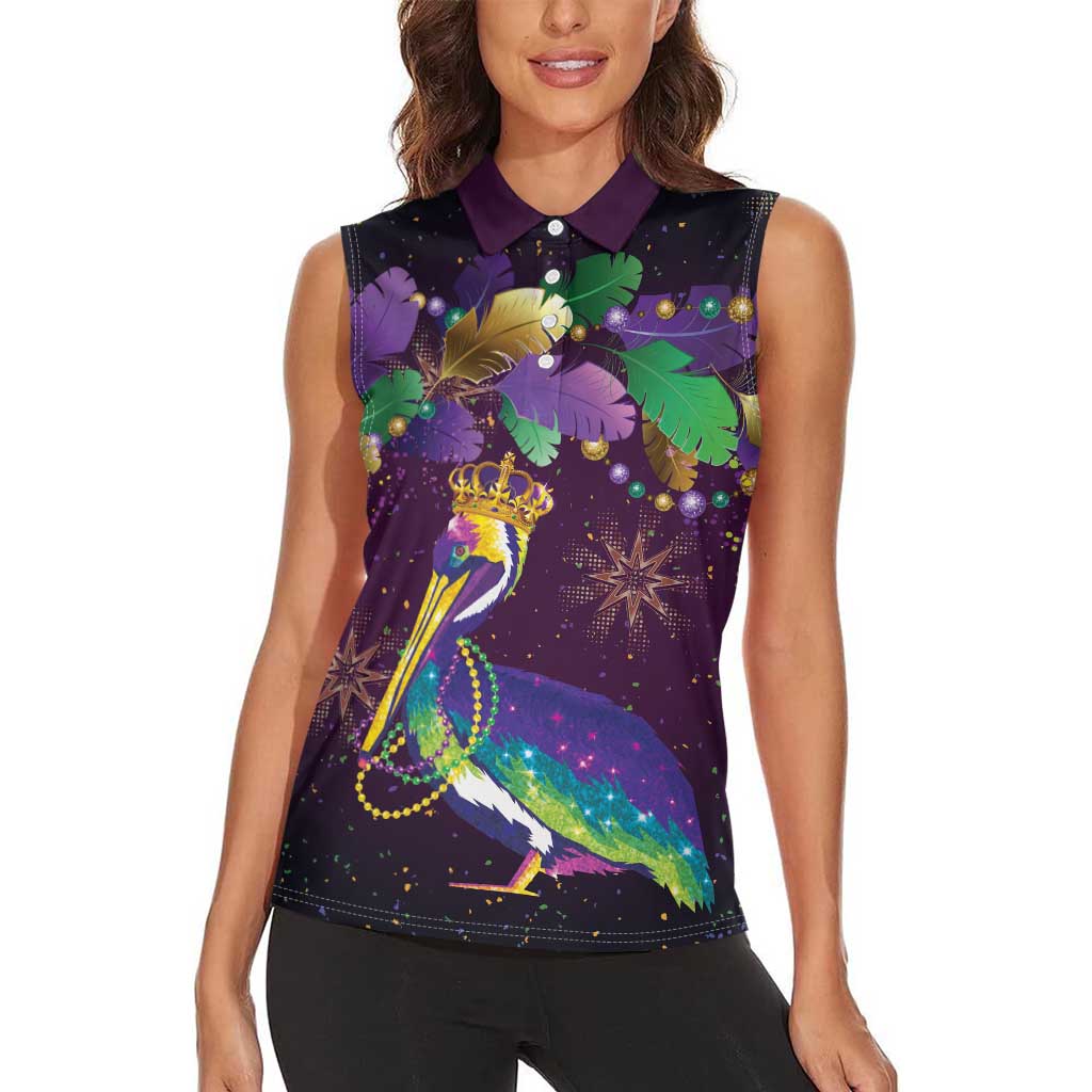 Faux Glitter Funny Mardi Gras Pelican Women Sleeveless Polo Shirt Party Vibes - Wonder Print Shop