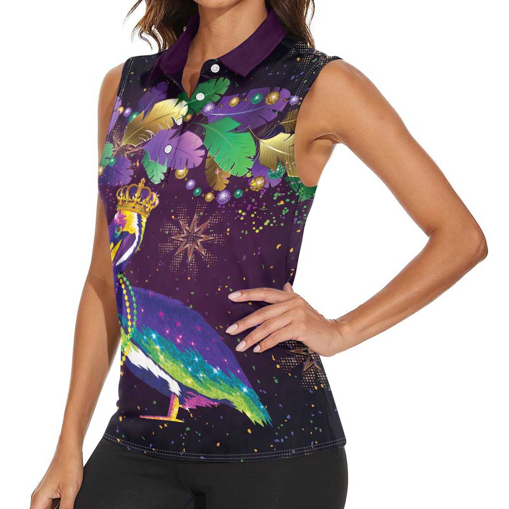 Faux Glitter Funny Mardi Gras Pelican Women Sleeveless Polo Shirt Party Vibes - Wonder Print Shop