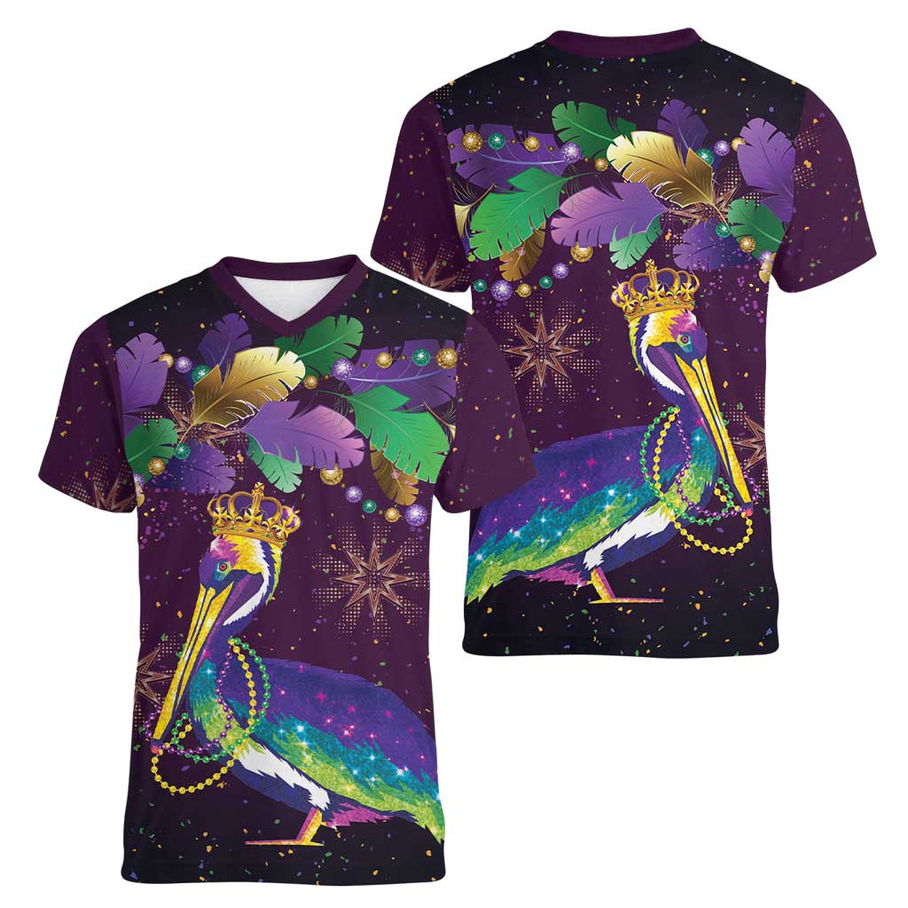 Faux Glitter Funny Mardi Gras Pelican Women V-Neck T-Shirt Party Vibes - Wonder Print Shop
