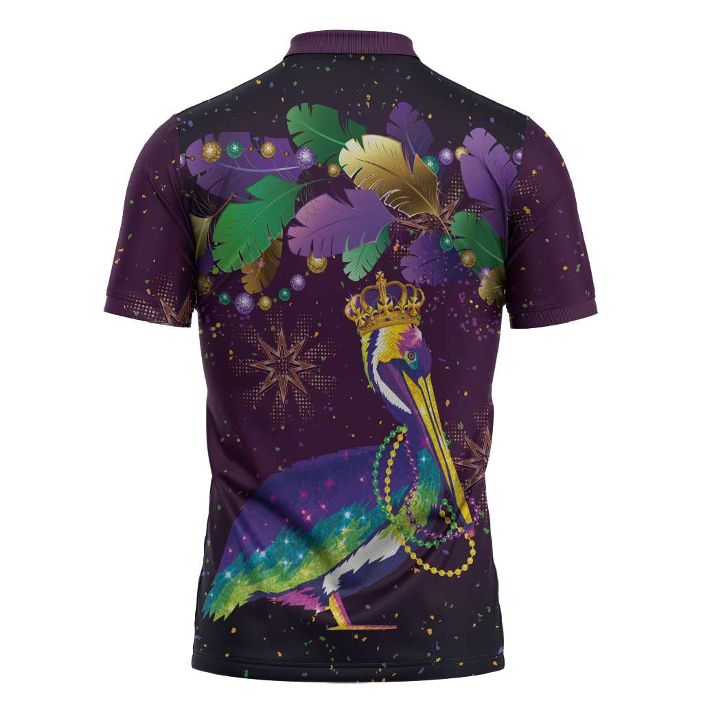 Faux Glitter Funny Mardi Gras Pelican Zipper Polo Shirt Party Vibes - Wonder Print Shop
