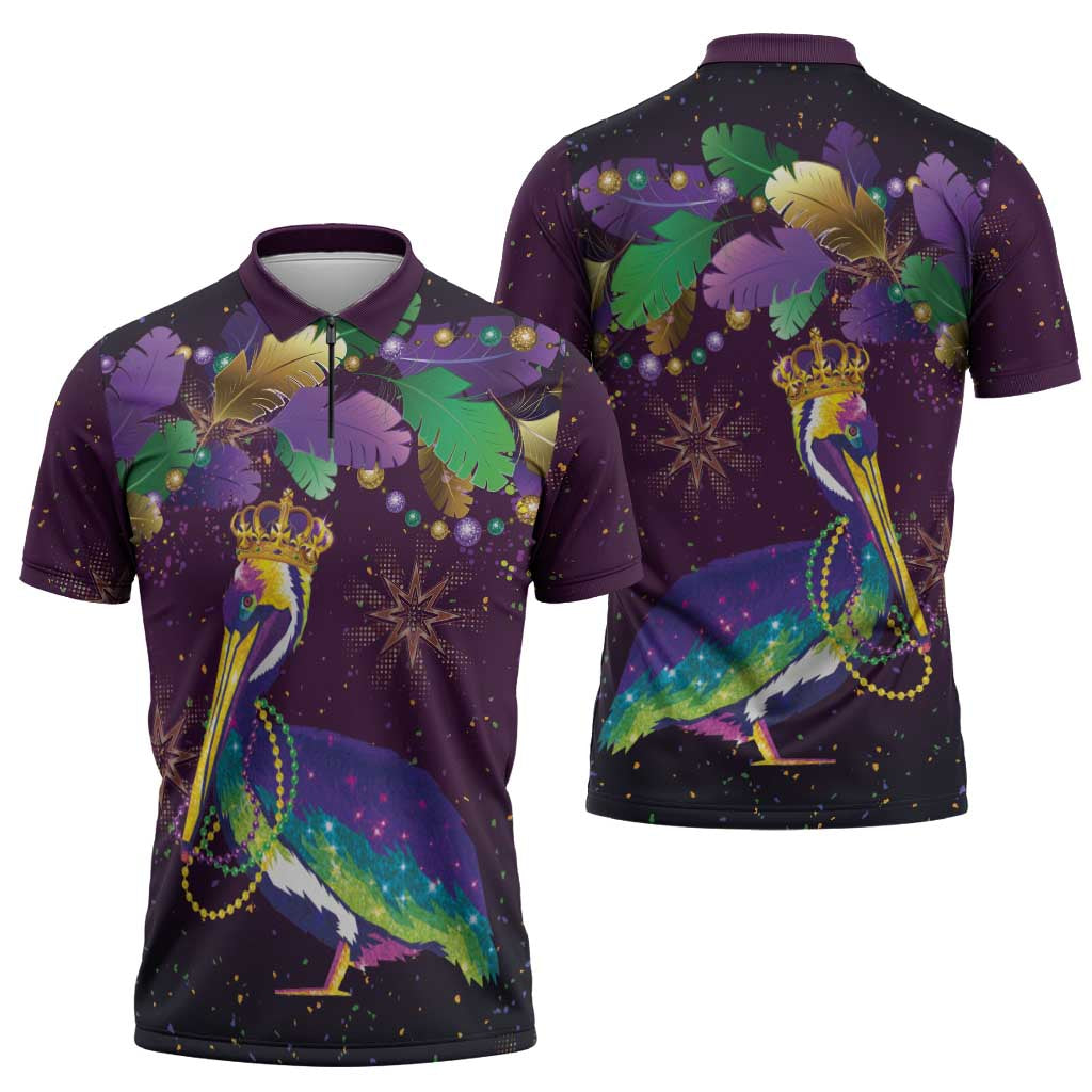 Faux Glitter Funny Mardi Gras Pelican Zipper Polo Shirt Party Vibes - Wonder Print Shop