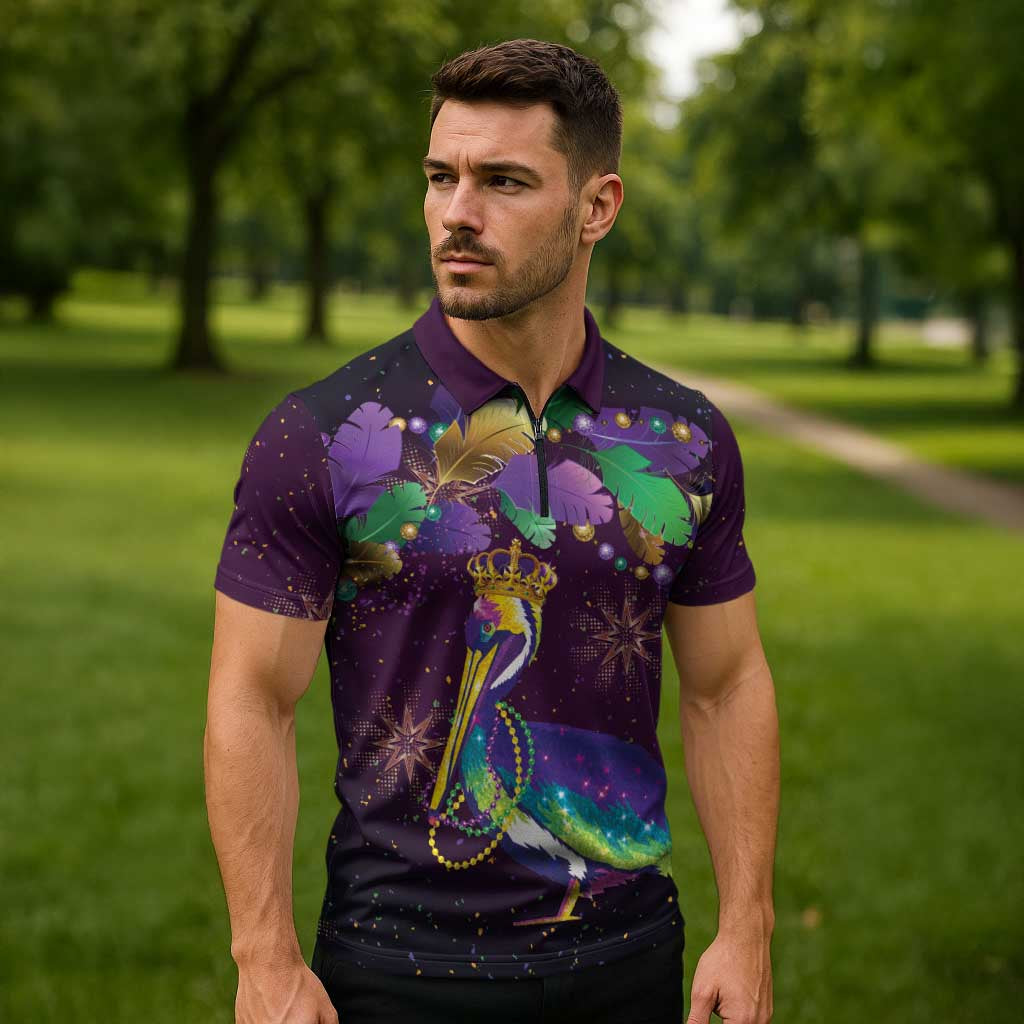 Faux Glitter Funny Mardi Gras Pelican Zipper Polo Shirt Party Vibes - Wonder Print Shop