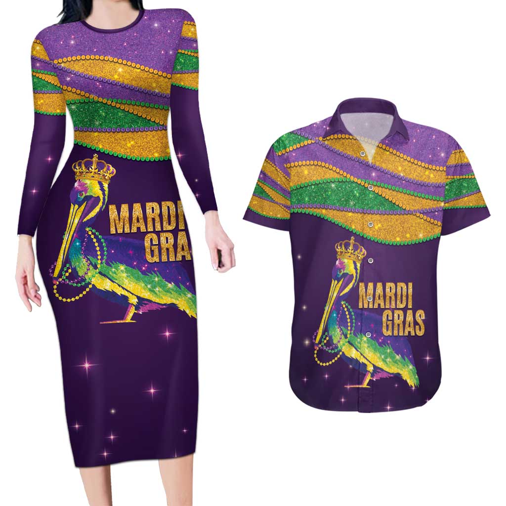 Faux Glitter Mardi Gras Pelican Couples Matching Long Sleeve Bodycon Dress and Hawaiian Shirt - Wonder Print Shop