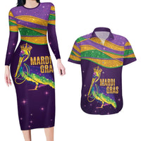 Faux Glitter Mardi Gras Pelican Couples Matching Long Sleeve Bodycon Dress and Hawaiian Shirt - Wonder Print Shop