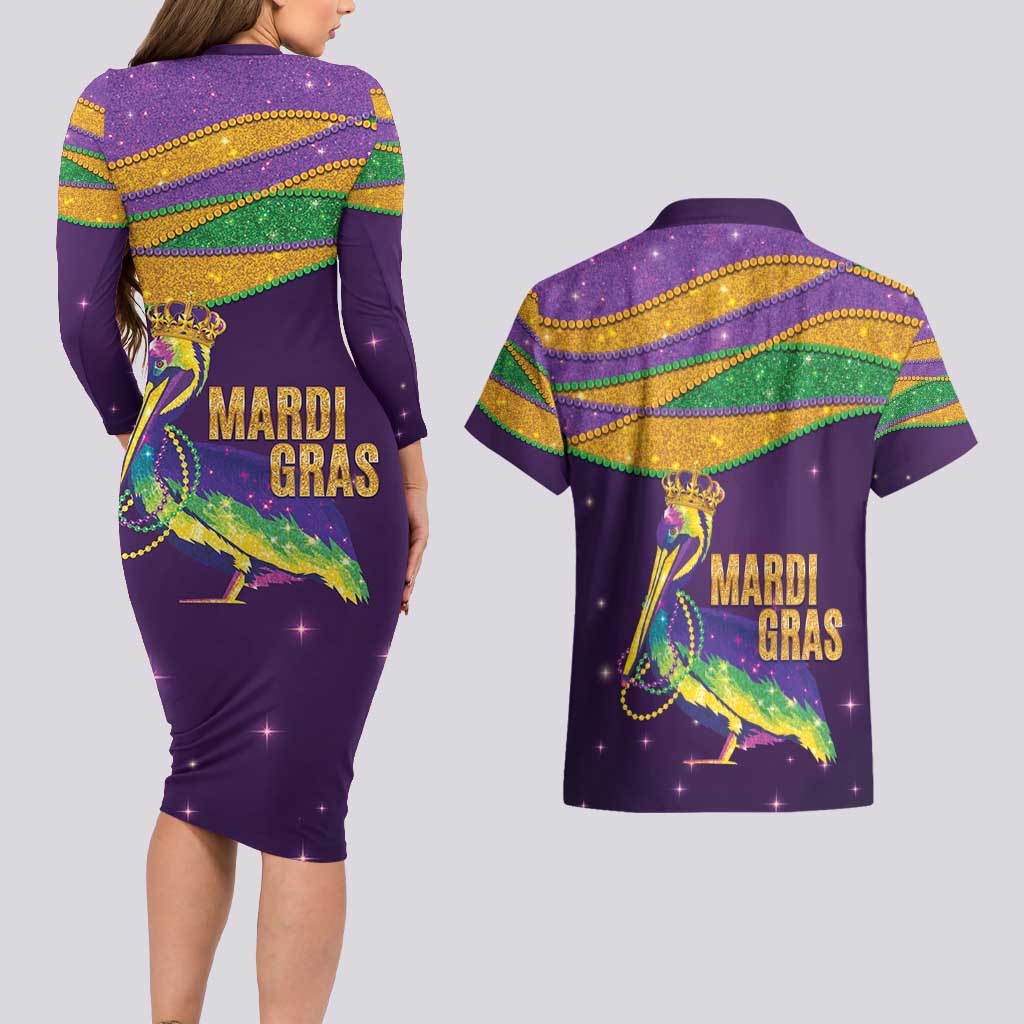 Faux Glitter Mardi Gras Pelican Couples Matching Long Sleeve Bodycon Dress and Hawaiian Shirt - Wonder Print Shop