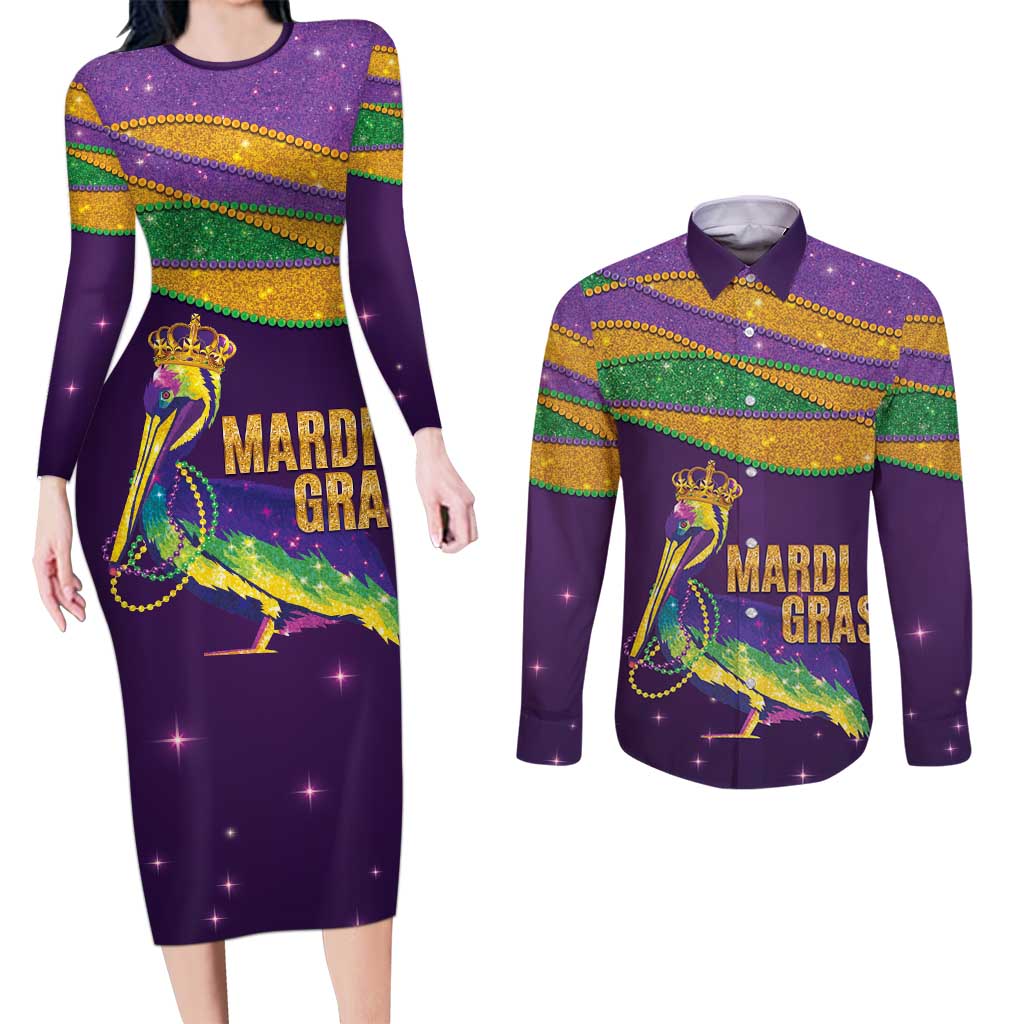 Faux Glitter Mardi Gras Pelican Couples Matching Long Sleeve Bodycon Dress and Long Sleeve Button Shirt - Wonder Print Shop
