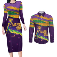 Faux Glitter Mardi Gras Pelican Couples Matching Long Sleeve Bodycon Dress and Long Sleeve Button Shirt - Wonder Print Shop