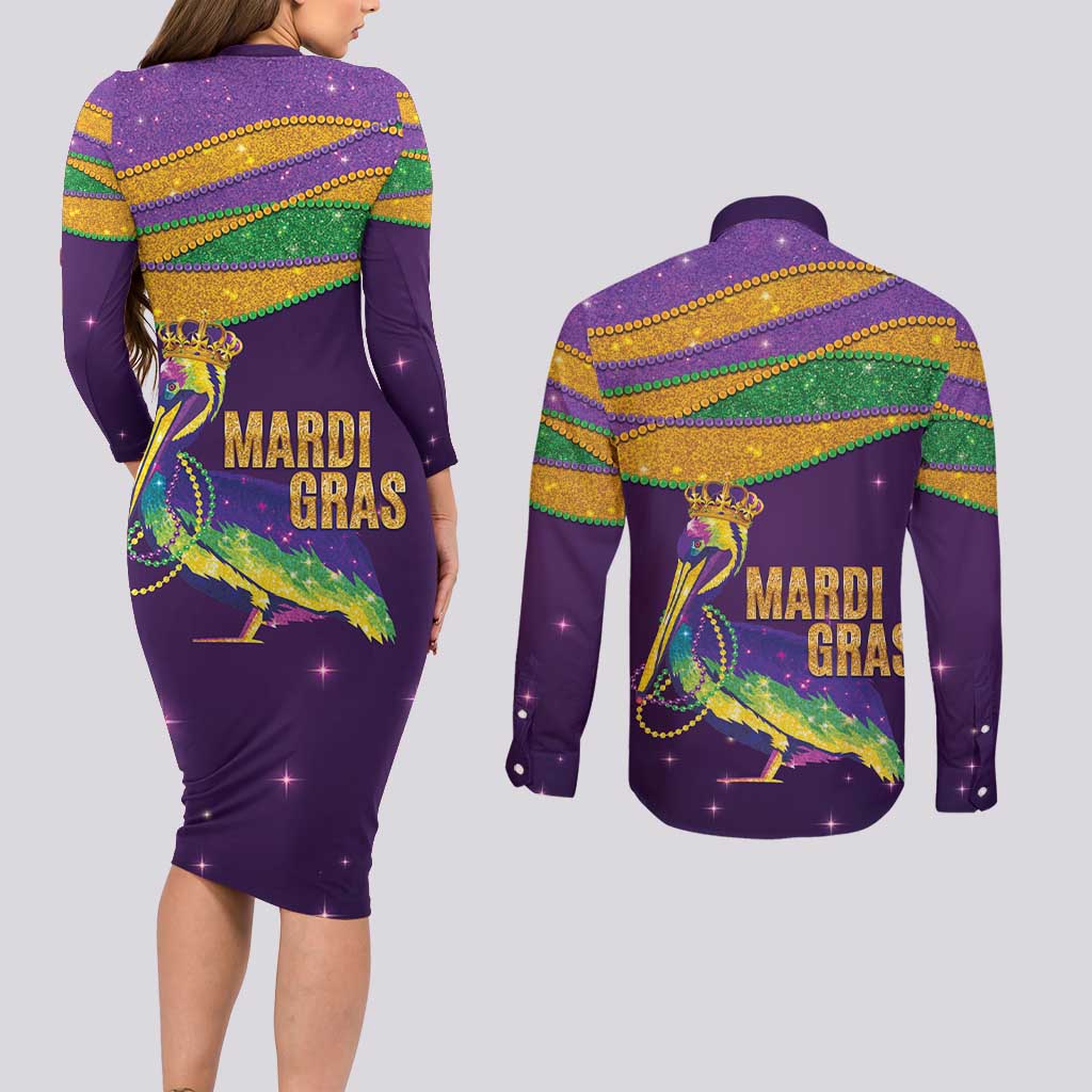 Faux Glitter Mardi Gras Pelican Couples Matching Long Sleeve Bodycon Dress and Long Sleeve Button Shirt - Wonder Print Shop