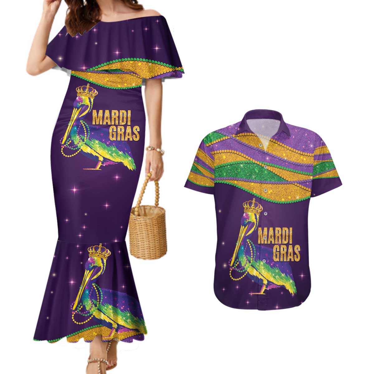 Faux Glitter Mardi Gras Pelican Couples Matching Mermaid Dress and Hawaiian Shirt - Wonder Print Shop