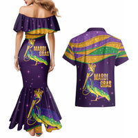 Faux Glitter Mardi Gras Pelican Couples Matching Mermaid Dress and Hawaiian Shirt - Wonder Print Shop