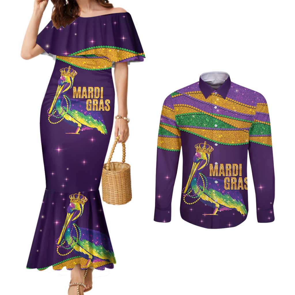 Faux Glitter Mardi Gras Pelican Couples Matching Mermaid Dress and Long Sleeve Button Shirt - Wonder Print Shop