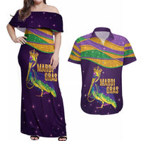 Faux Glitter Mardi Gras Pelican Couples Matching Off Shoulder Maxi Dress and Hawaiian Shirt - Wonder Print Shop