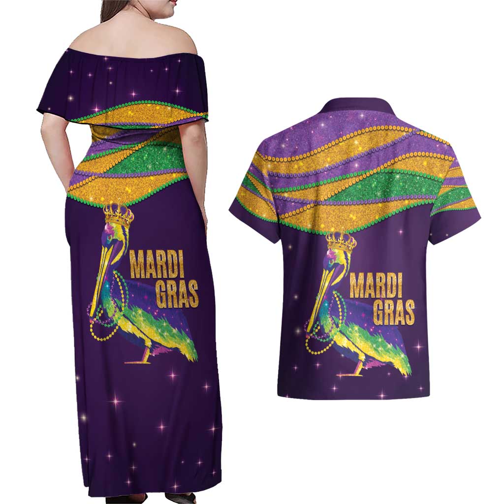 Faux Glitter Mardi Gras Pelican Couples Matching Off Shoulder Maxi Dress and Hawaiian Shirt - Wonder Print Shop