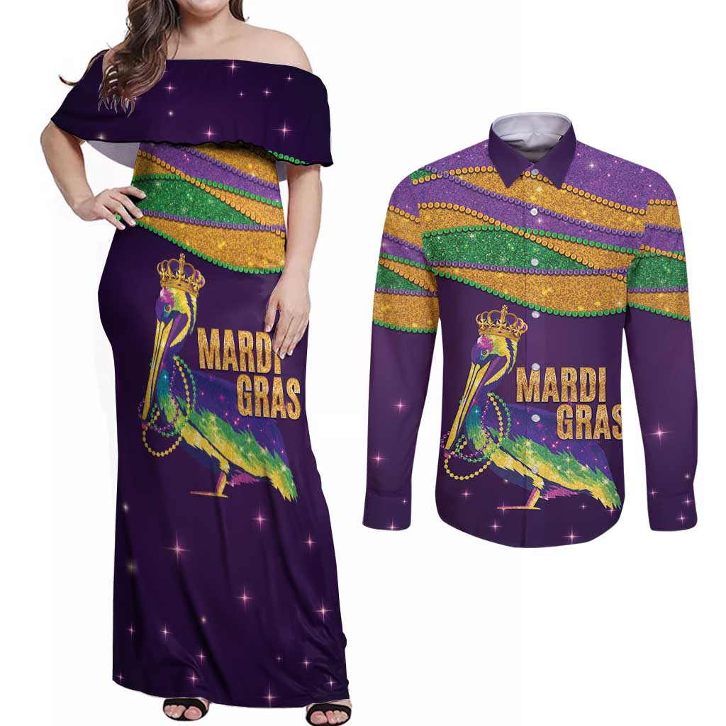 Faux Glitter Mardi Gras Pelican Couples Matching Off Shoulder Maxi Dress and Long Sleeve Button Shirt - Wonder Print Shop