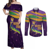 Faux Glitter Mardi Gras Pelican Couples Matching Off Shoulder Maxi Dress and Long Sleeve Button Shirt - Wonder Print Shop
