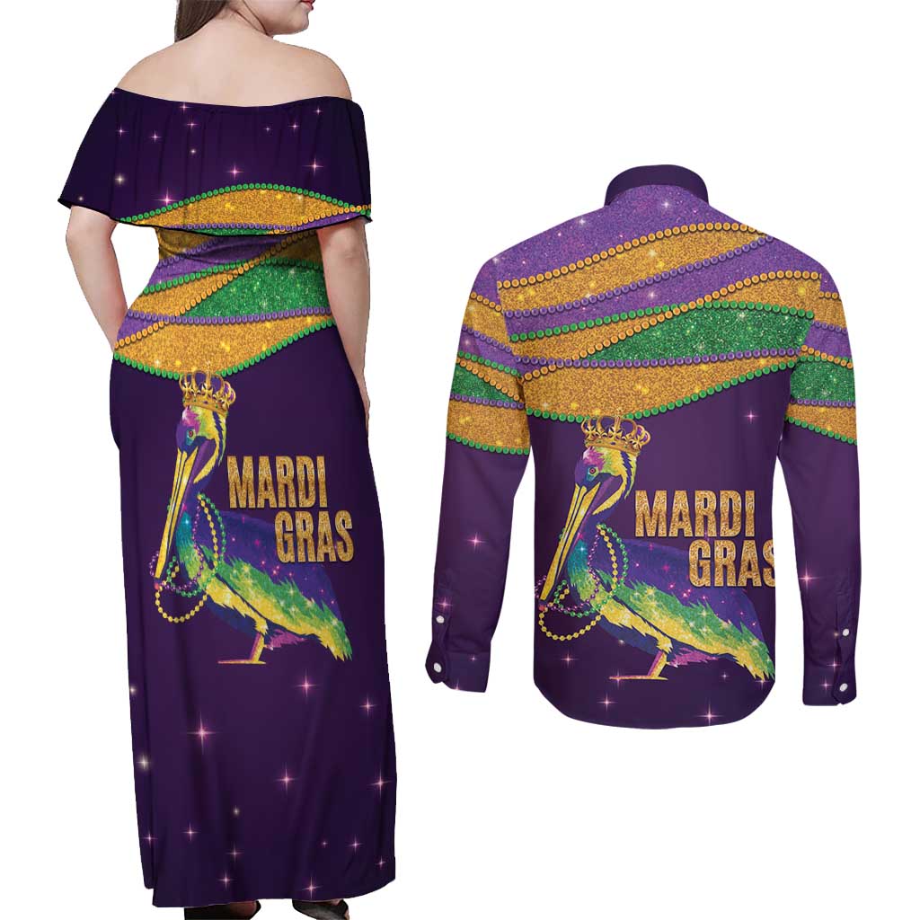 Faux Glitter Mardi Gras Pelican Couples Matching Off Shoulder Maxi Dress and Long Sleeve Button Shirt - Wonder Print Shop