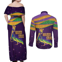 Faux Glitter Mardi Gras Pelican Couples Matching Off Shoulder Maxi Dress and Long Sleeve Button Shirt - Wonder Print Shop
