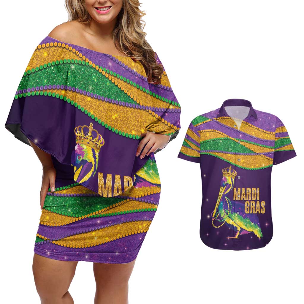 Faux Glitter Mardi Gras Pelican Couples Matching Off Shoulder Short Dress and Hawaiian Shirt - Wonder Print Shop
