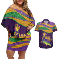 Faux Glitter Mardi Gras Pelican Couples Matching Off Shoulder Short Dress and Hawaiian Shirt - Wonder Print Shop