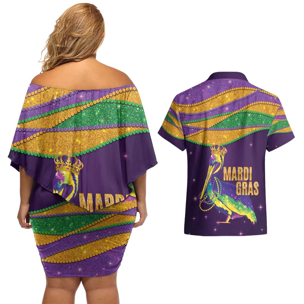 Faux Glitter Mardi Gras Pelican Couples Matching Off Shoulder Short Dress and Hawaiian Shirt - Wonder Print Shop