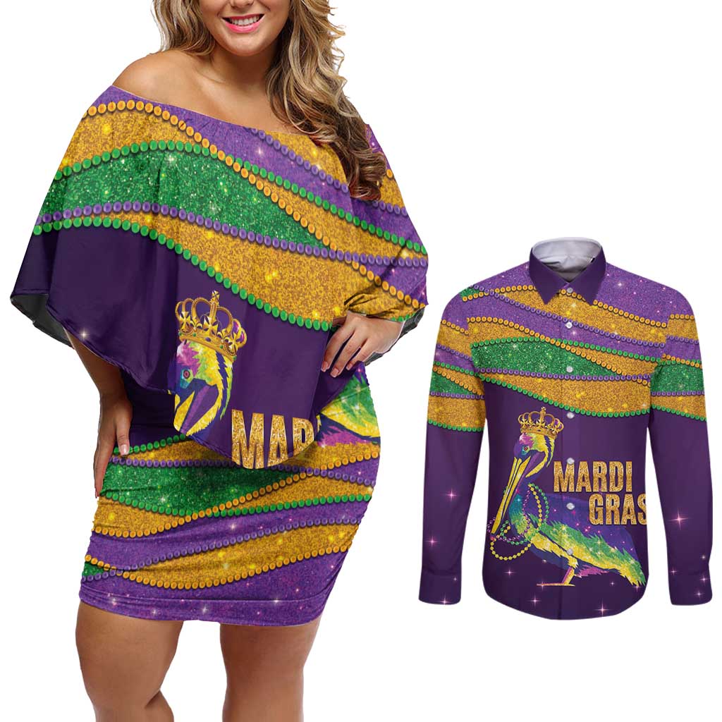 Faux Glitter Mardi Gras Pelican Couples Matching Off Shoulder Short Dress and Long Sleeve Button Shirt - Wonder Print Shop