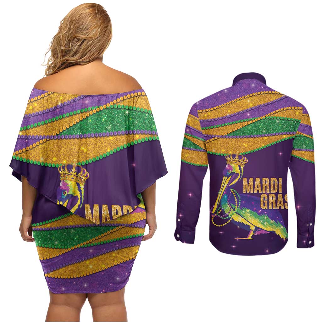 Faux Glitter Mardi Gras Pelican Couples Matching Off Shoulder Short Dress and Long Sleeve Button Shirt - Wonder Print Shop