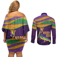 Faux Glitter Mardi Gras Pelican Couples Matching Off Shoulder Short Dress and Long Sleeve Button Shirt - Wonder Print Shop