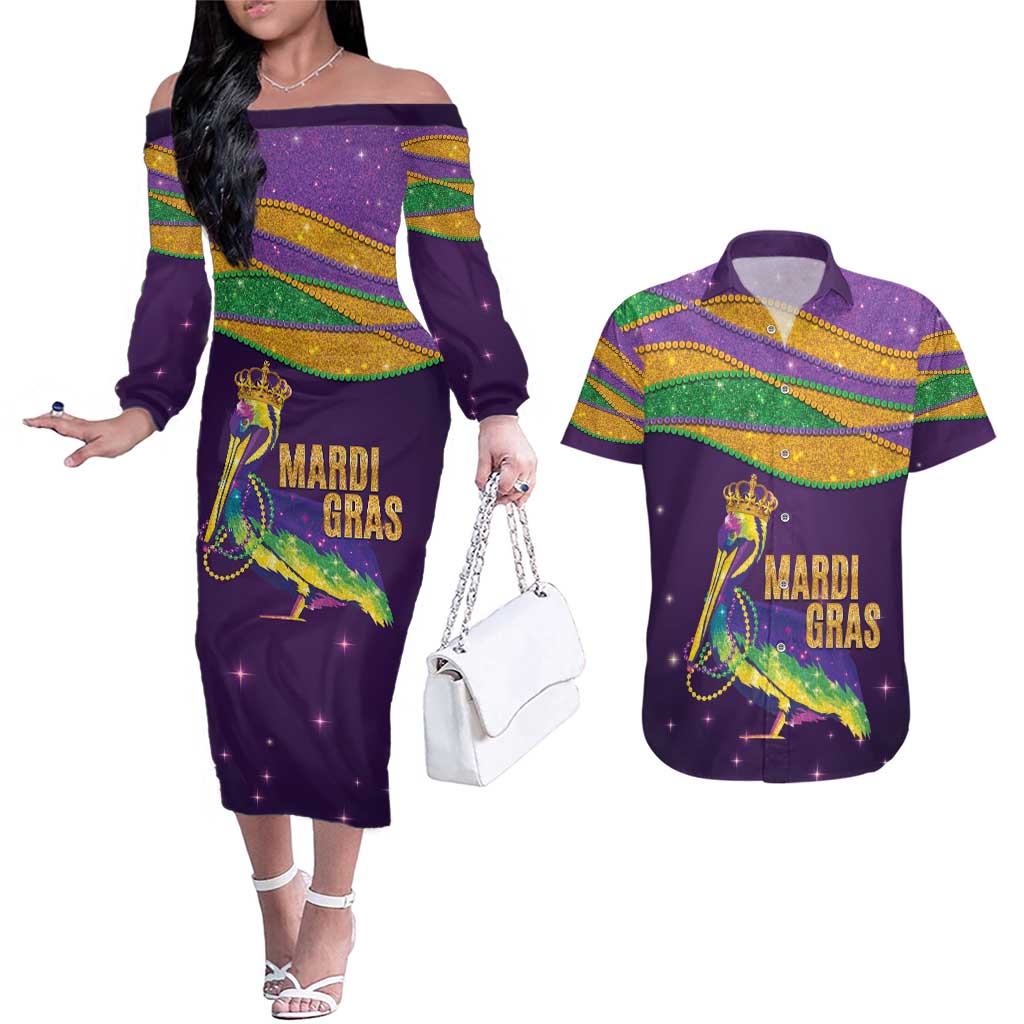 Faux Glitter Mardi Gras Pelican Couples Matching Off The Shoulder Long Sleeve Dress and Hawaiian Shirt - Wonder Print Shop